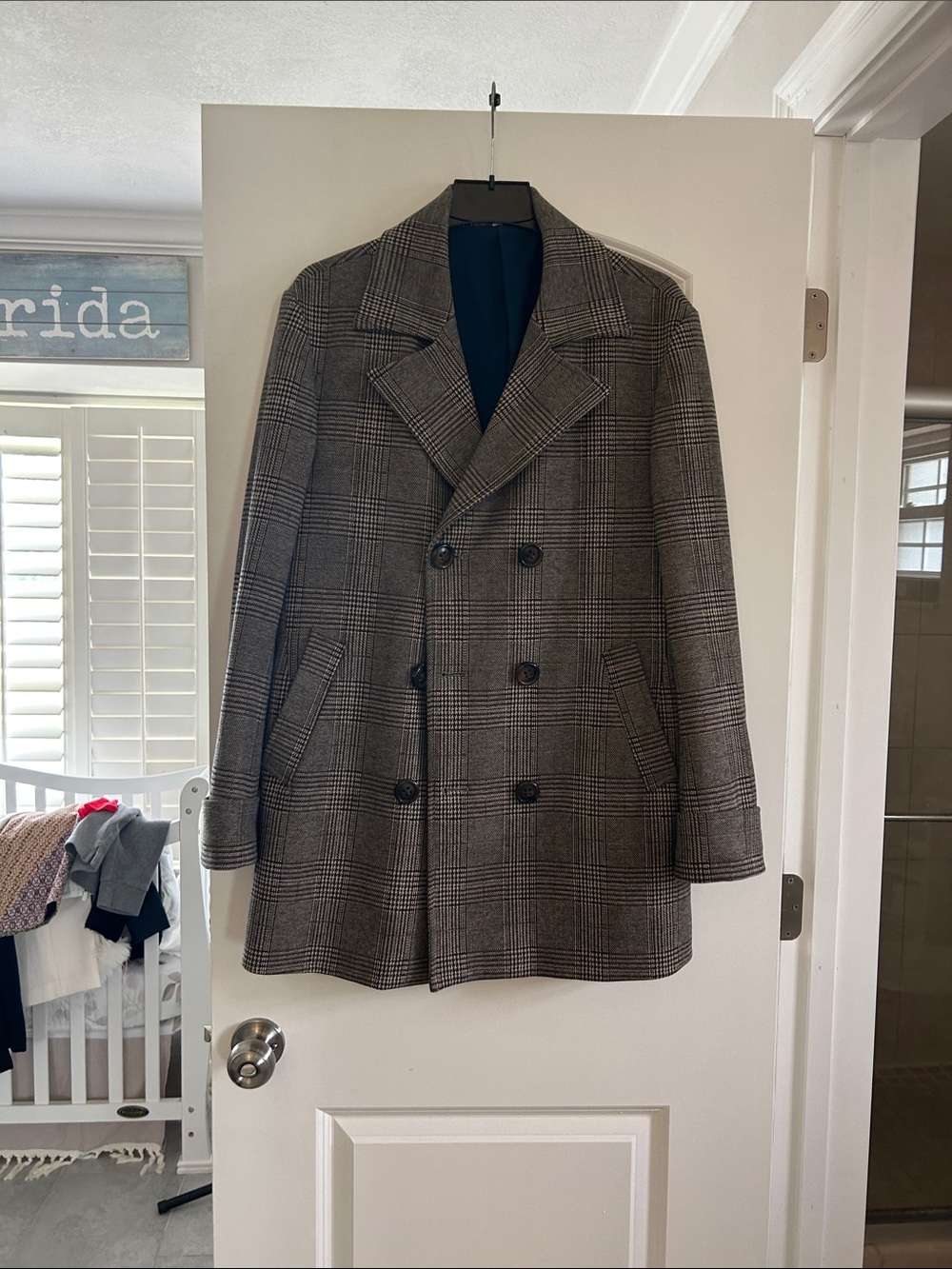 Men's Double-Breasted Plaid Pea Coat - herringbone